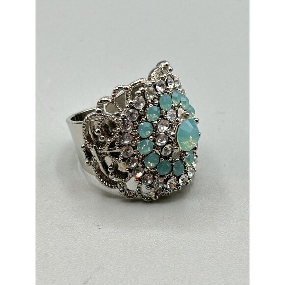 Blue Opalescent Rhinestones Ring Adjustable Silver Tone Wide Statement Jewelry - Picture 2 of 8